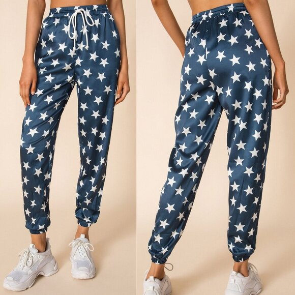superdown Pants - New! Superdown Miranda Blue/White Star Print Allover Track Pants 35384